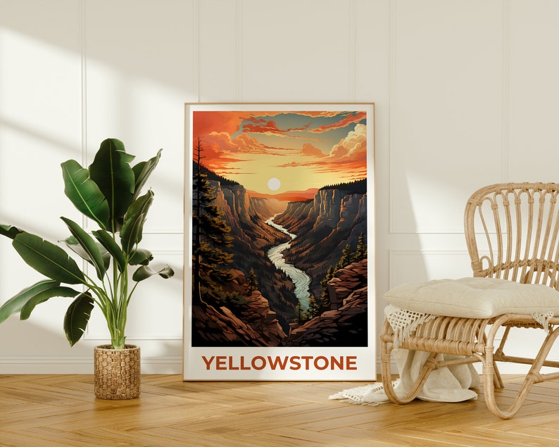 Affiche de voyage de Yellowstone, art mural du Wyoming, impression du Wyoming, affiche de Yellowstone, affiche du Wyoming, affiche du parc national, art de Yellowstone