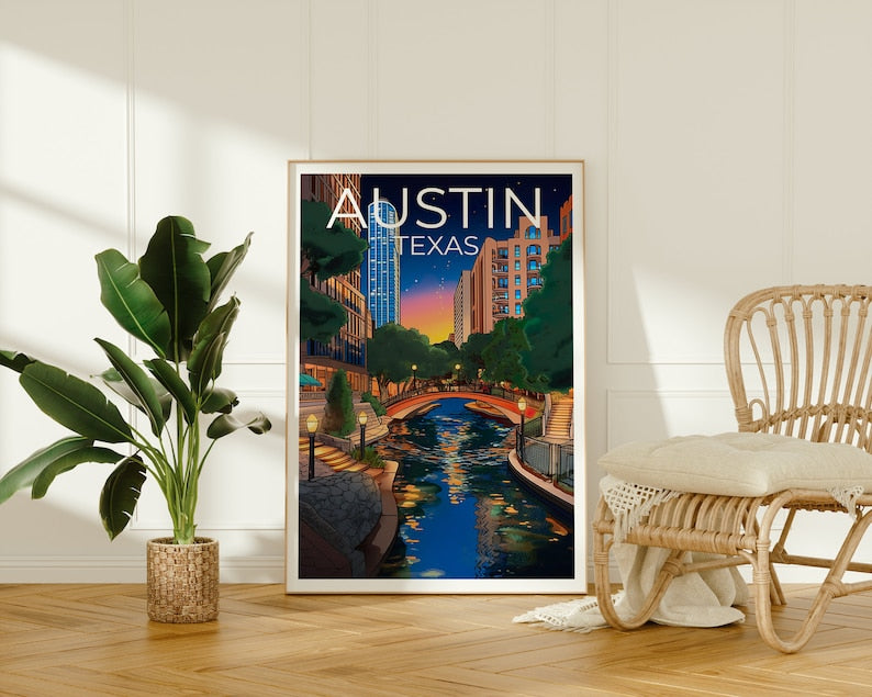 Austin Travel Poster, Texas Wall Art, Texas Print, Austin Poster, Texas Poster, River Walk Poster, Austin Art