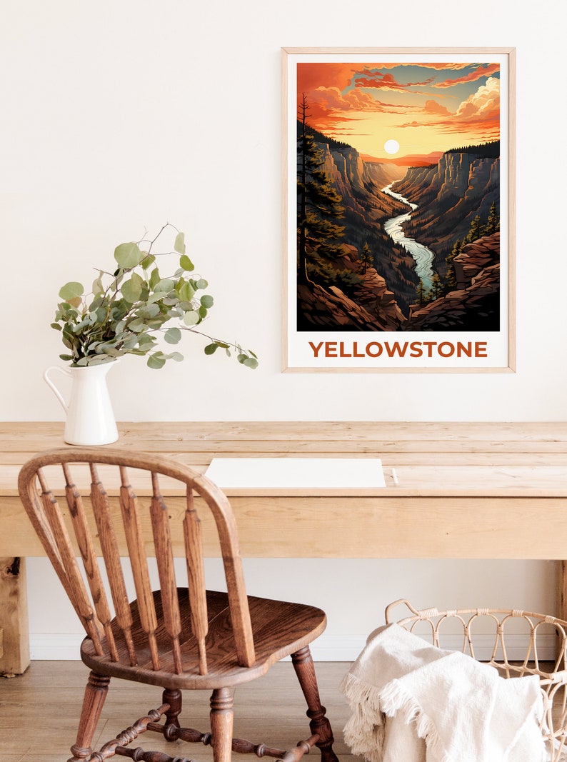 Affiche de voyage de Yellowstone, art mural du Wyoming, impression du Wyoming, affiche de Yellowstone, affiche du Wyoming, affiche du parc national, art de Yellowstone