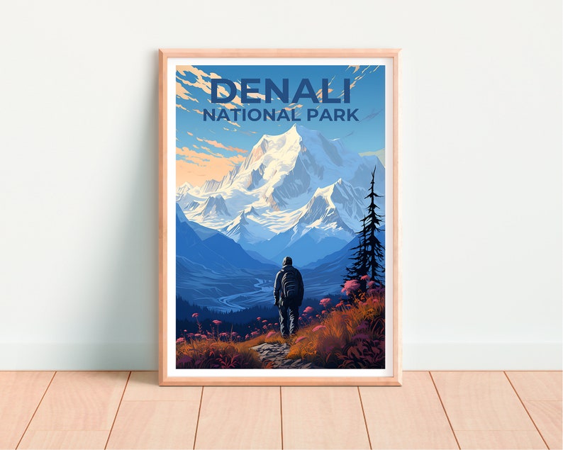 Affiche du parc national de Denali, impression du parc de Denali, art de l'Alaska, impression de l'Alaska, affiche de randonnée, affiche de Denali, affiche de l'Alaska