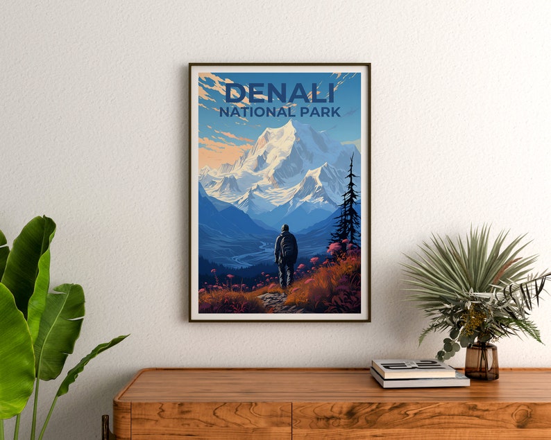 Affiche du parc national de Denali, impression du parc de Denali, art de l'Alaska, impression de l'Alaska, affiche de randonnée, affiche de Denali, affiche de l'Alaska