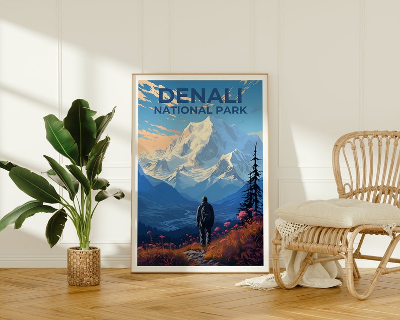 Affiche du parc national de Denali, impression du parc de Denali, art de l'Alaska, impression de l'Alaska, affiche de randonnée, affiche de Denali, affiche de l'Alaska