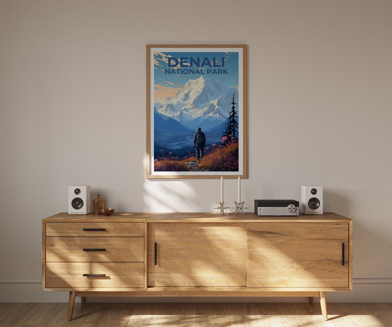Affiche du parc national de Denali, impression du parc de Denali, art de l'Alaska, impression de l'Alaska, affiche de randonnée, affiche de Denali, affiche de l'Alaska