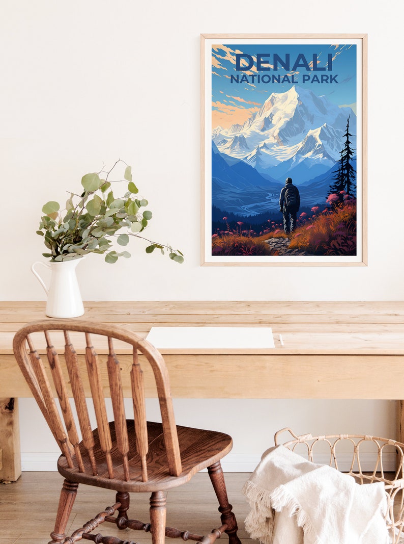 Affiche du parc national de Denali, impression du parc de Denali, art de l'Alaska, impression de l'Alaska, affiche de randonnée, affiche de Denali, affiche de l'Alaska
