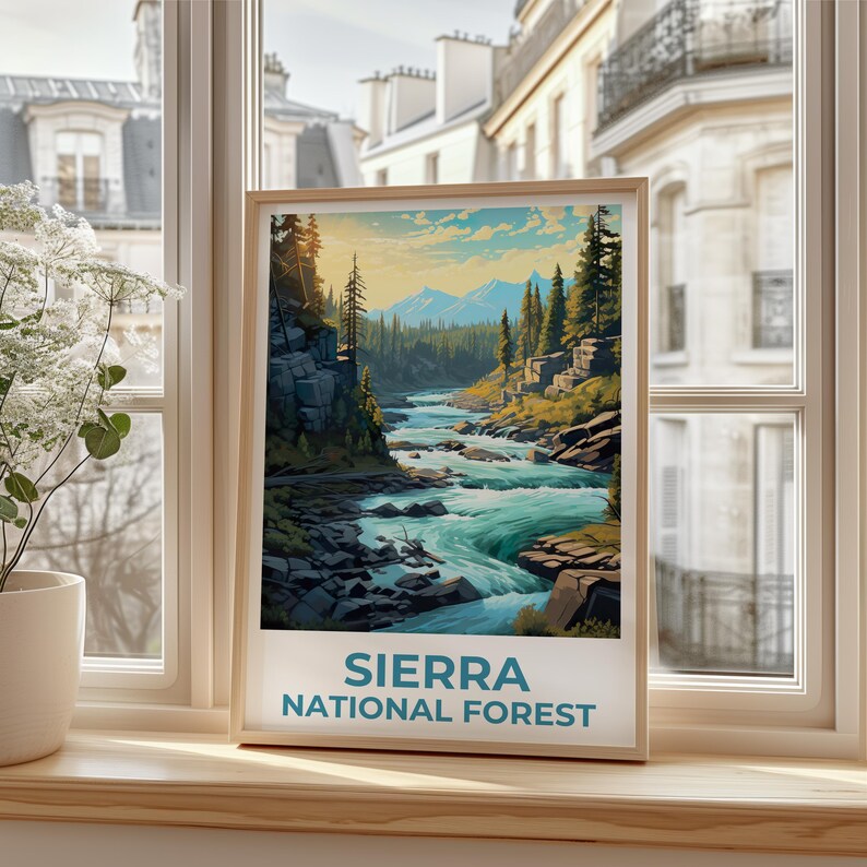 Sierra National Forest Travel Print, California Poster, Forest Wall Art, Mountain Illustration, Sierra Poster, Home Decor, Birthday Gift
