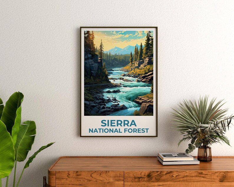 Sierra National Forest Travel Print, California Poster, Forest Wall Art, Mountain Illustration, Sierra Poster, Home Decor, Birthday Gift