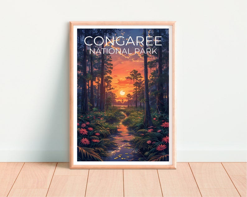 Affiche de voyage du parc national de Congaree, affiche de Caroline du Sud, impression de Congaree, impression de Caroline du Sud, affiche de forêt, impression de Caroline du Sud