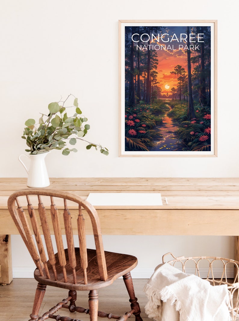 Affiche de voyage du parc national de Congaree, affiche de Caroline du Sud, impression de Congaree, impression de Caroline du Sud, affiche de forêt, impression de Caroline du Sud