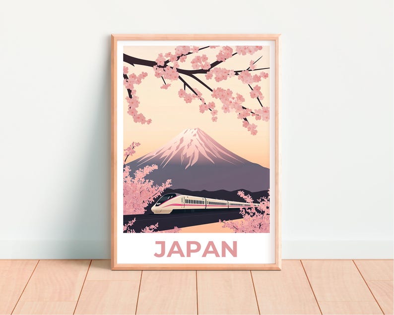 Japan Travel Print, Shinkansen Poster, Mount Fuji Poster, Cherry Blossom Art, Bullet Train Illustration, Tokyo Wall Art, Home Decor