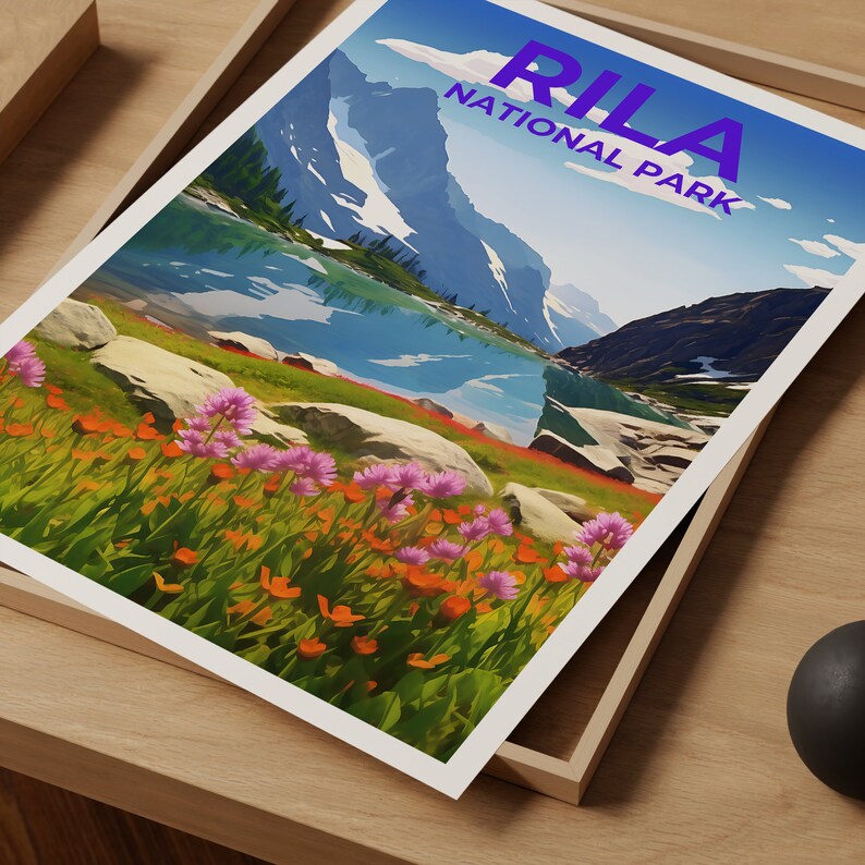 Affiche de voyage du parc national de Rila, art bulgare, impression bulgare, affiche du parc national de Rila, affiche Rila, affiche nature