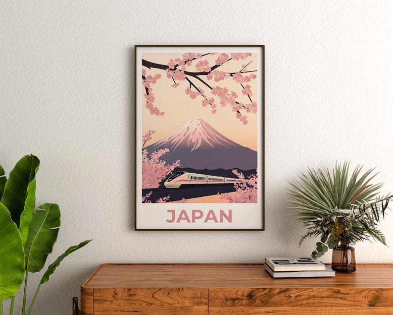 Japan Travel Print, Shinkansen Poster, Mount Fuji Poster, Cherry Blossom Art, Bullet Train Illustration, Tokyo Wall Art, Home Decor