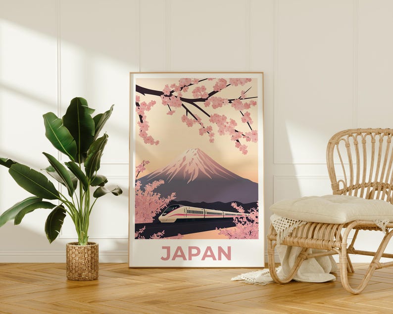 Japan Travel Print, Shinkansen Poster, Mount Fuji Poster, Cherry Blossom Art, Bullet Train Illustration, Tokyo Wall Art, Home Decor