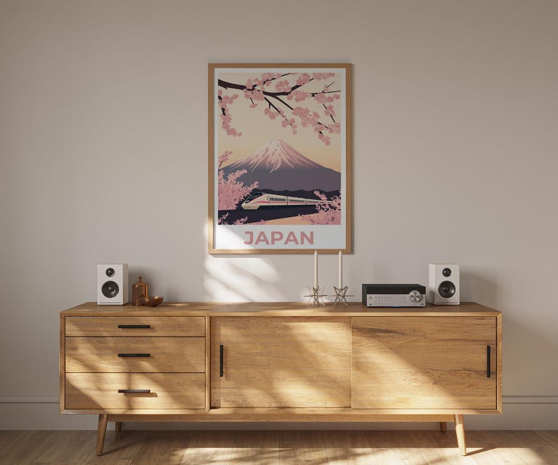 Japan Travel Print, Shinkansen Poster, Mount Fuji Poster, Cherry Blossom Art, Bullet Train Illustration, Tokyo Wall Art, Home Decor