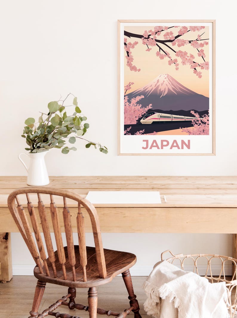 Japan Travel Print, Shinkansen Poster, Mount Fuji Poster, Cherry Blossom Art, Bullet Train Illustration, Tokyo Wall Art, Home Decor