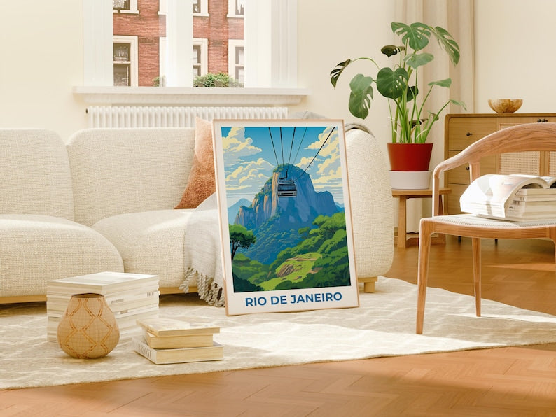 Rio de Janeiro Travel Print, Brazil Poster, Sugarloaf Wall Art, Cablecar Illustration, Rio de Janeiro Poster, Home Decor, Birthday Gift