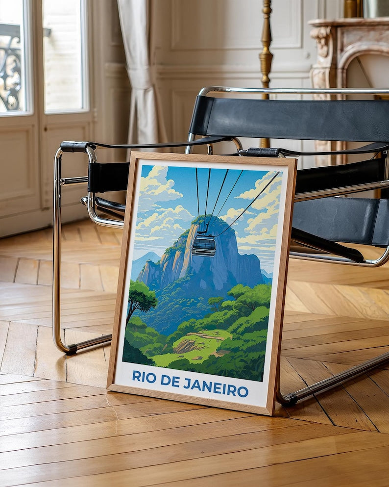 Rio de Janeiro Travel Print, Brazil Poster, Sugarloaf Wall Art, Cablecar Illustration, Rio de Janeiro Poster, Home Decor, Birthday Gift