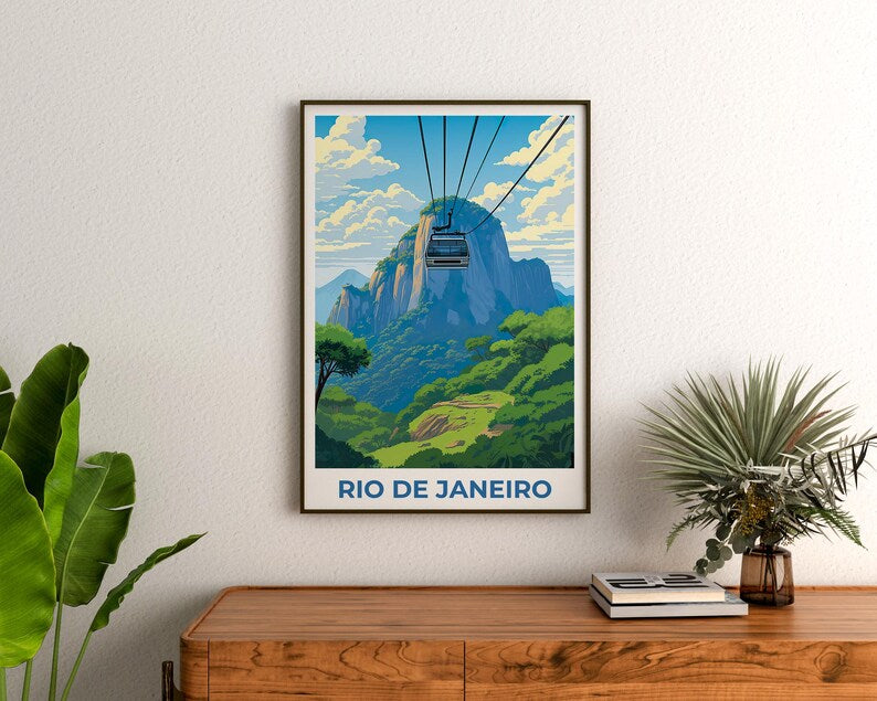 Rio de Janeiro Travel Print, Brazil Poster, Sugarloaf Wall Art, Cablecar Illustration, Rio de Janeiro Poster, Home Decor, Birthday Gift