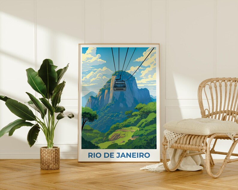 Rio de Janeiro Travel Print, Brazil Poster, Sugarloaf Wall Art, Cablecar Illustration, Rio de Janeiro Poster, Home Decor, Birthday Gift