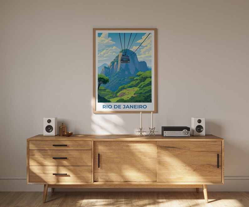 Rio de Janeiro Travel Print, Brazil Poster, Sugarloaf Wall Art, Cablecar Illustration, Rio de Janeiro Poster, Home Decor, Birthday Gift