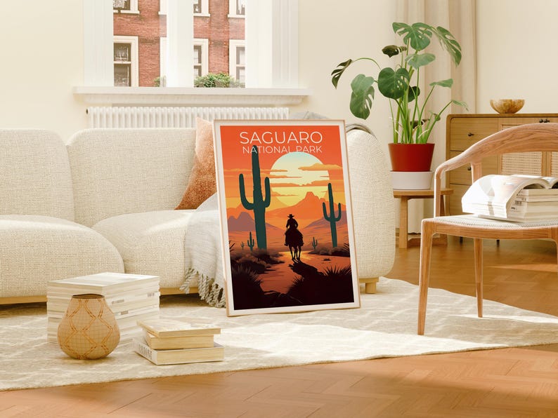 Saguaro National Park Travel Print, Arizona Poster, Cowboy Art, Cactus Illustration, Scenic Wall Art, Home Decor, Birthday Gift