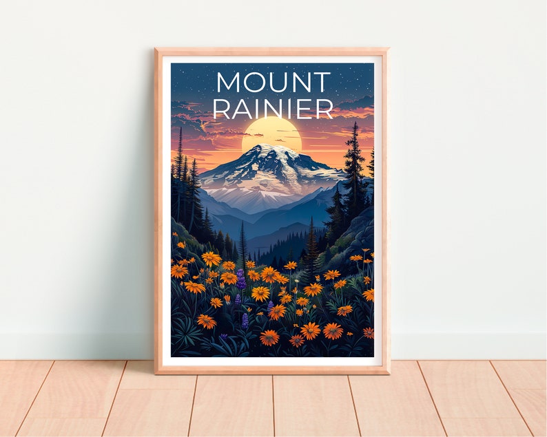 Affiche du mont Rainier, impression du mont Rainier, affiche de Washington, impression de montagne, affiche de randonnée, art de l'État de Washington