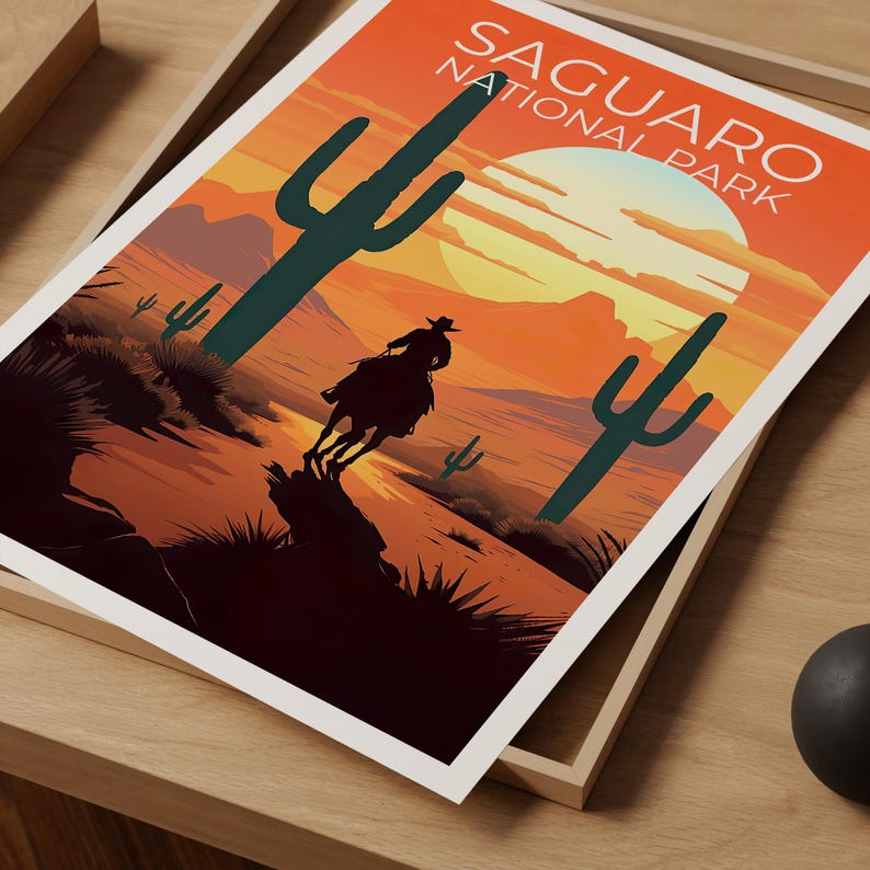 Saguaro National Park Travel Print, Arizona Poster, Cowboy Art, Cactus Illustration, Scenic Wall Art, Home Decor, Birthday Gift