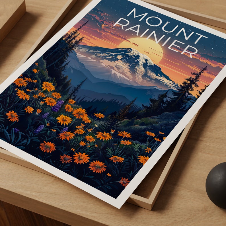 Affiche du mont Rainier, impression du mont Rainier, affiche de Washington, impression de montagne, affiche de randonnée, art de l'État de Washington