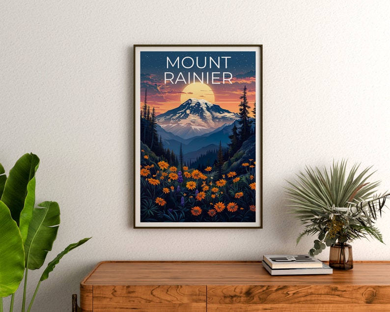 Affiche du mont Rainier, impression du mont Rainier, affiche de Washington, impression de montagne, affiche de randonnée, art de l'État de Washington