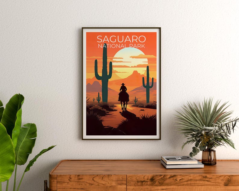 Saguaro National Park Travel Print, Arizona Poster, Cowboy Art, Cactus Illustration, Scenic Wall Art, Home Decor, Birthday Gift