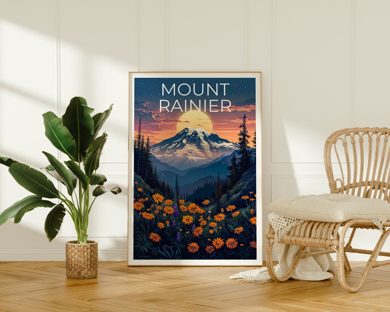 Affiche du mont Rainier, impression du mont Rainier, affiche de Washington, impression de montagne, affiche de randonnée, art de l'État de Washington