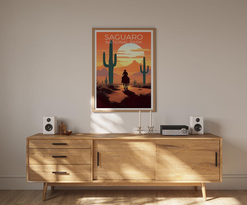 Saguaro National Park Travel Print, Arizona Poster, Cowboy Art, Cactus Illustration, Scenic Wall Art, Home Decor, Birthday Gift