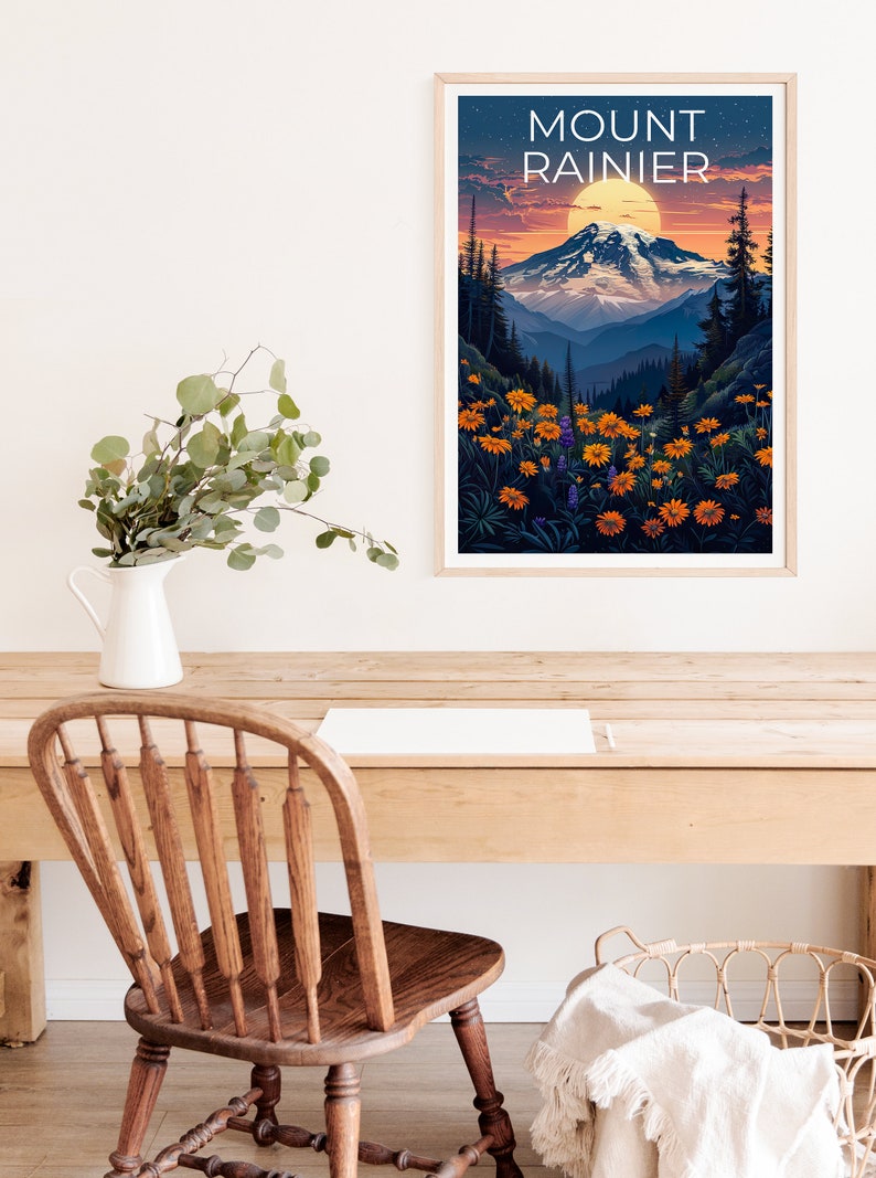 Affiche du mont Rainier, impression du mont Rainier, affiche de Washington, impression de montagne, affiche de randonnée, art de l'État de Washington