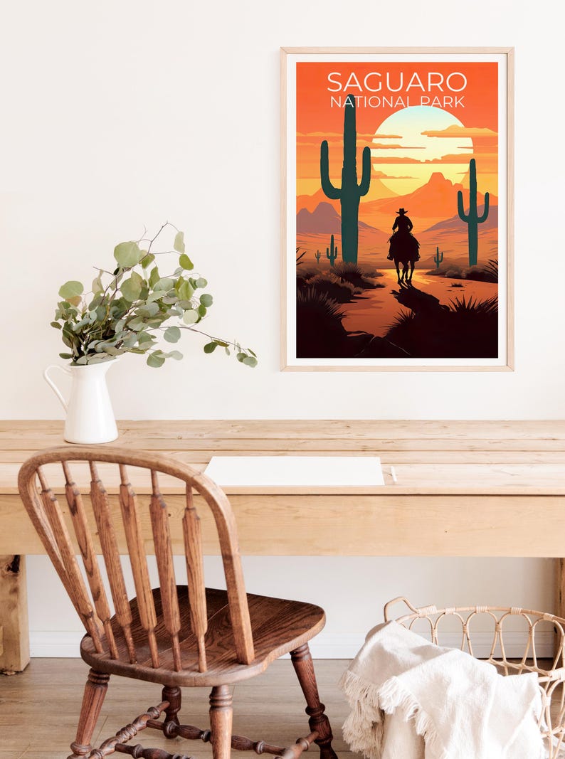 Saguaro National Park Travel Print, Arizona Poster, Cowboy Art, Cactus Illustration, Scenic Wall Art, Home Decor, Birthday Gift