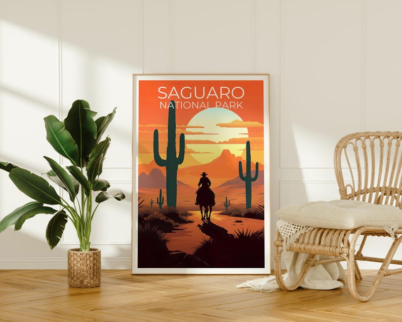 Saguaro National Park Travel Print, Arizona Poster, Cowboy Art, Cactus Illustration, Scenic Wall Art, Home Decor, Birthday Gift