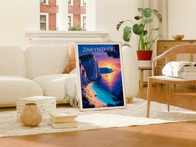 Zakynthos Poster, Greece Travel Print, Navagio Beach Art, Greek Islands Illustration, Scenic Wall Art, Home Decor, Birthday Gift