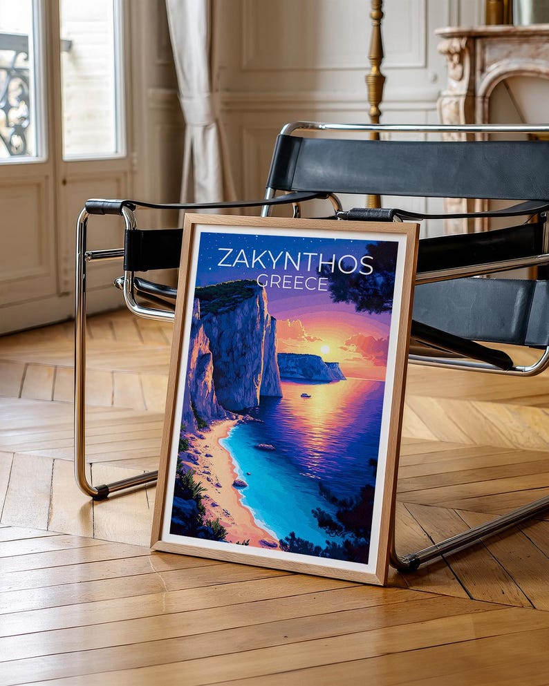 Zakynthos Poster, Greece Travel Print, Navagio Beach Art, Greek Islands Illustration, Scenic Wall Art, Home Decor, Birthday Gift