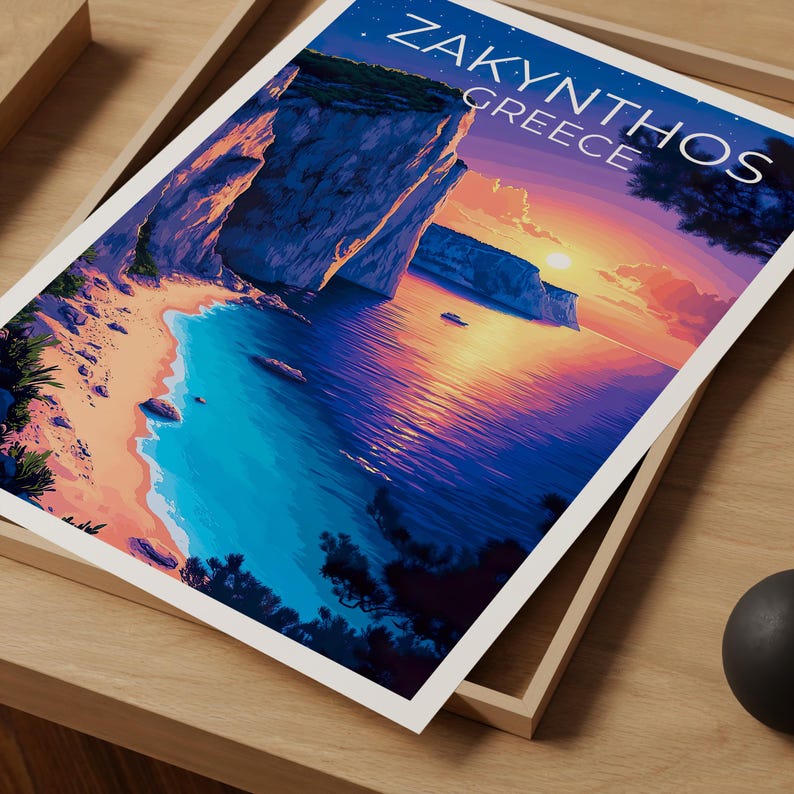 Zakynthos Poster, Greece Travel Print, Navagio Beach Art, Greek Islands Illustration, Scenic Wall Art, Home Decor, Birthday Gift