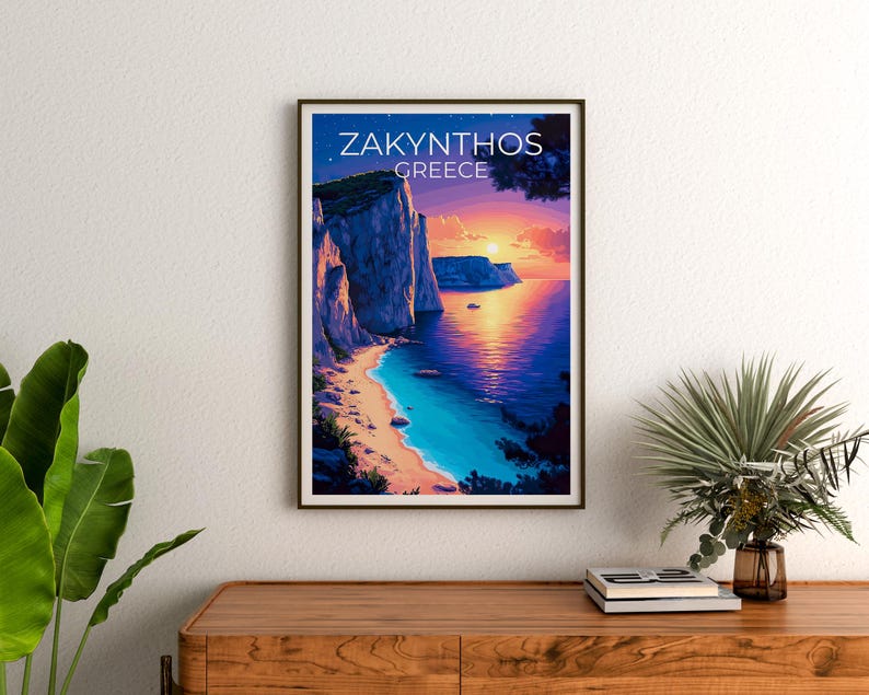 Zakynthos Poster, Greece Travel Print, Navagio Beach Art, Greek Islands Illustration, Scenic Wall Art, Home Decor, Birthday Gift