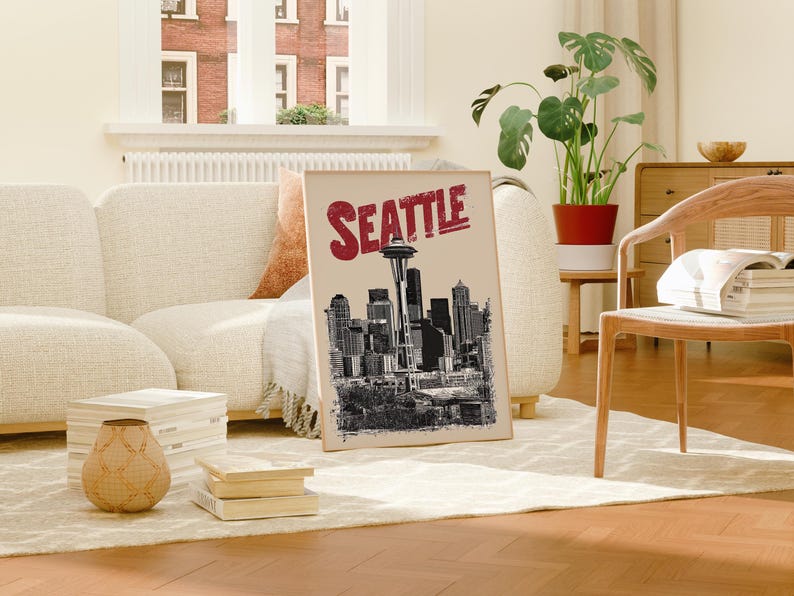 Seattle Poster, Washington Travel Print, City Skyline Art, Space Needle Illustration, Seattle Print, Home Decor, Birthday Gift