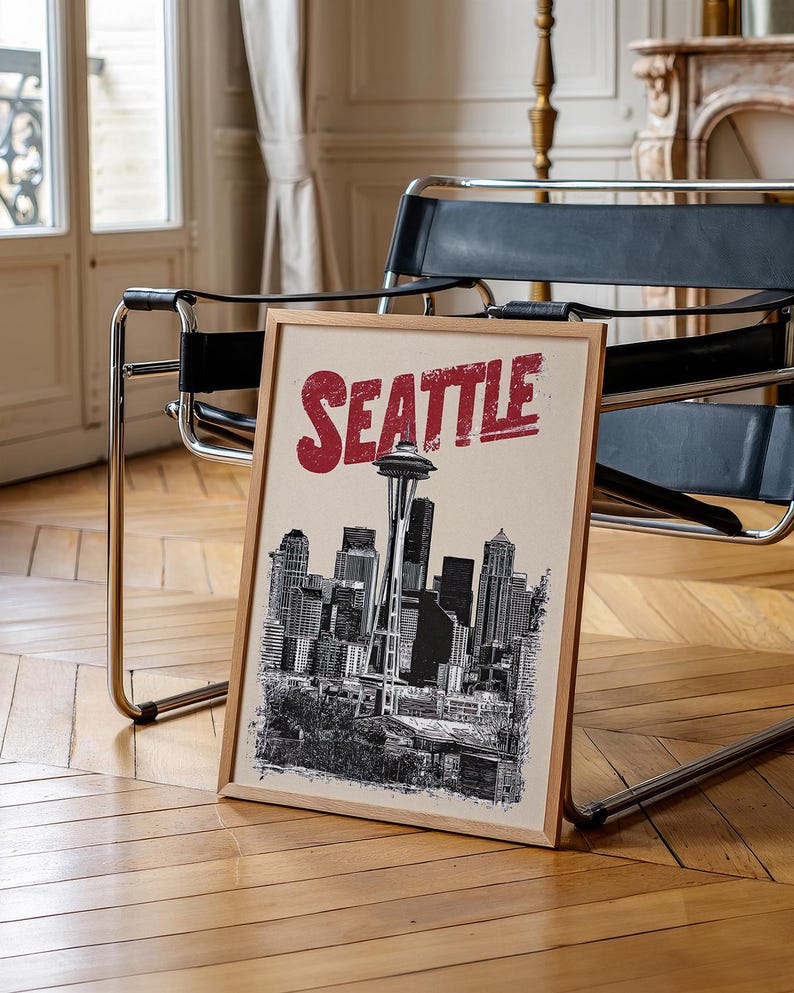 Seattle Poster, Washington Travel Print, City Skyline Art, Space Needle Illustration, Seattle Print, Home Decor, Birthday Gift