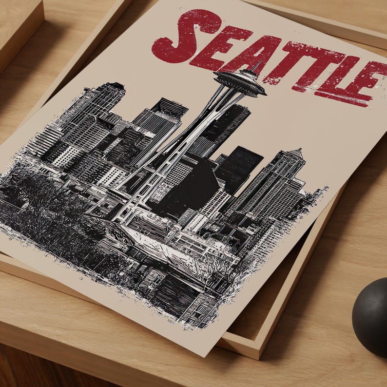 Seattle Poster, Washington Travel Print, City Skyline Art, Space Needle Illustration, Seattle Print, Home Decor, Birthday Gift