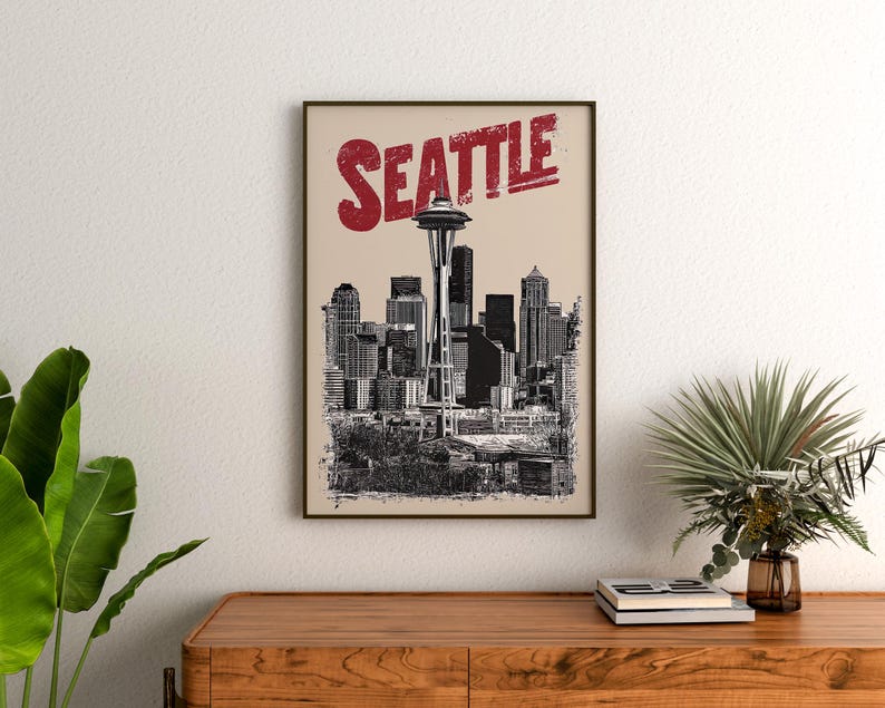 Seattle Poster, Washington Travel Print, City Skyline Art, Space Needle Illustration, Seattle Print, Home Decor, Birthday Gift