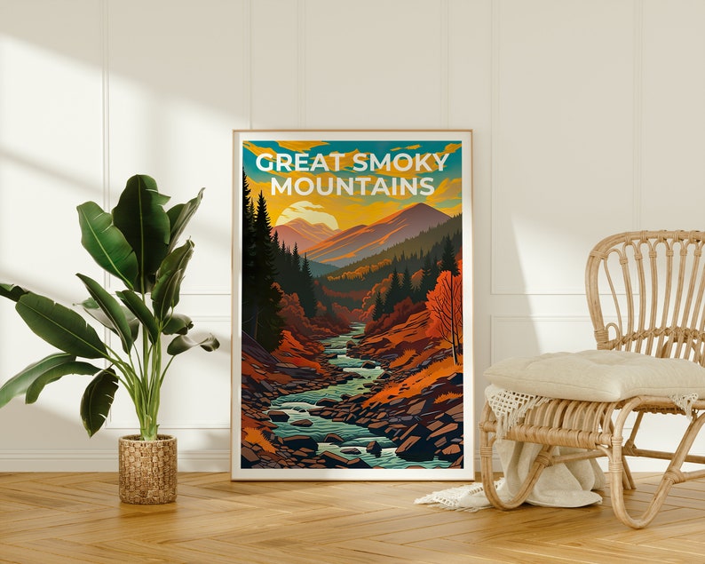 Affiche de voyage des Great Smoky Mountains, art mural des Smoky Mountains, impression des Smoky Mountains, impression de montagne, affiche du parc national
