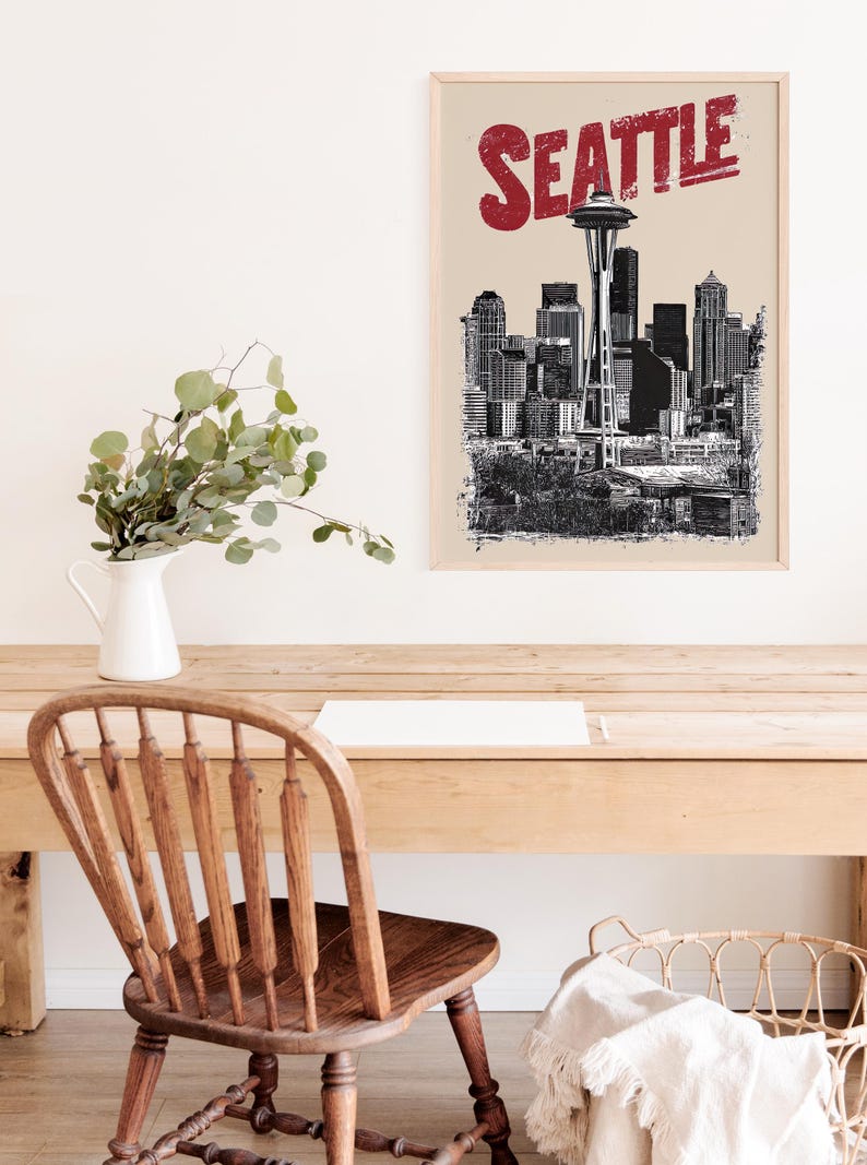 Seattle Poster, Washington Travel Print, City Skyline Art, Space Needle Illustration, Seattle Print, Home Decor, Birthday Gift