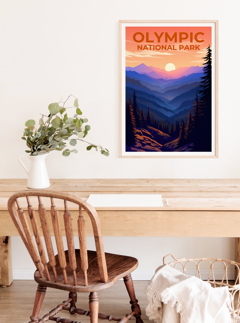 Affiche du parc national olympique, impression du parc national olympique, art de l'État de Washington, impression du mont Olympe, affiche du parc olympique
