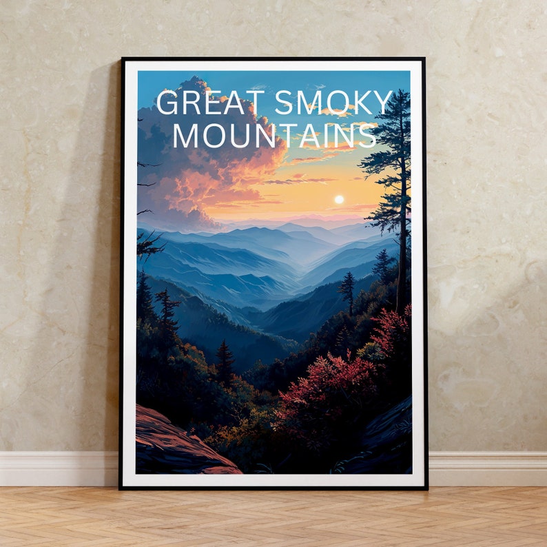 Affiche de voyage Great Smoky Mountains, art mural de montagne, impression de montagne, affiche Great Smoky Mountain, affiche du parc national