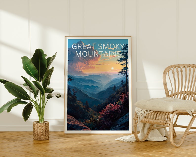 Affiche de voyage Great Smoky Mountains, art mural de montagne, impression de montagne, affiche Great Smoky Mountain, affiche du parc national