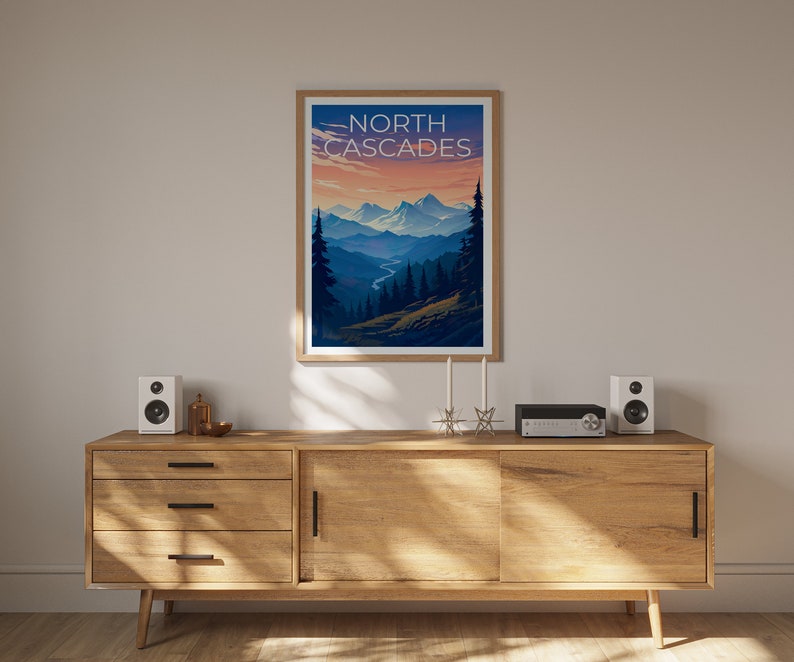 Affiche du parc national des North Cascades, impression de l'État de Washington, art de Washington, impression des North Cascades, affiche de voyage des North Cascades
