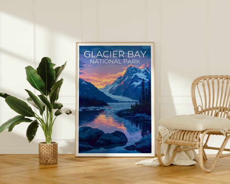 Affiche de voyage de Glacier Bay, art mural de l'Alaska, impression de l'Alaska, affiche de Glacier Bay, affiche de l'Alaska