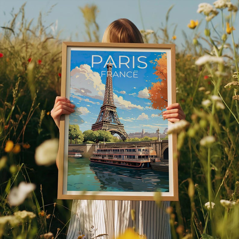 France Poster, Paris Travel Print, Seine Boats Art, European City Poster, Landscape Poster, Scenic Wall Art, Home Decor, Birthday Gift